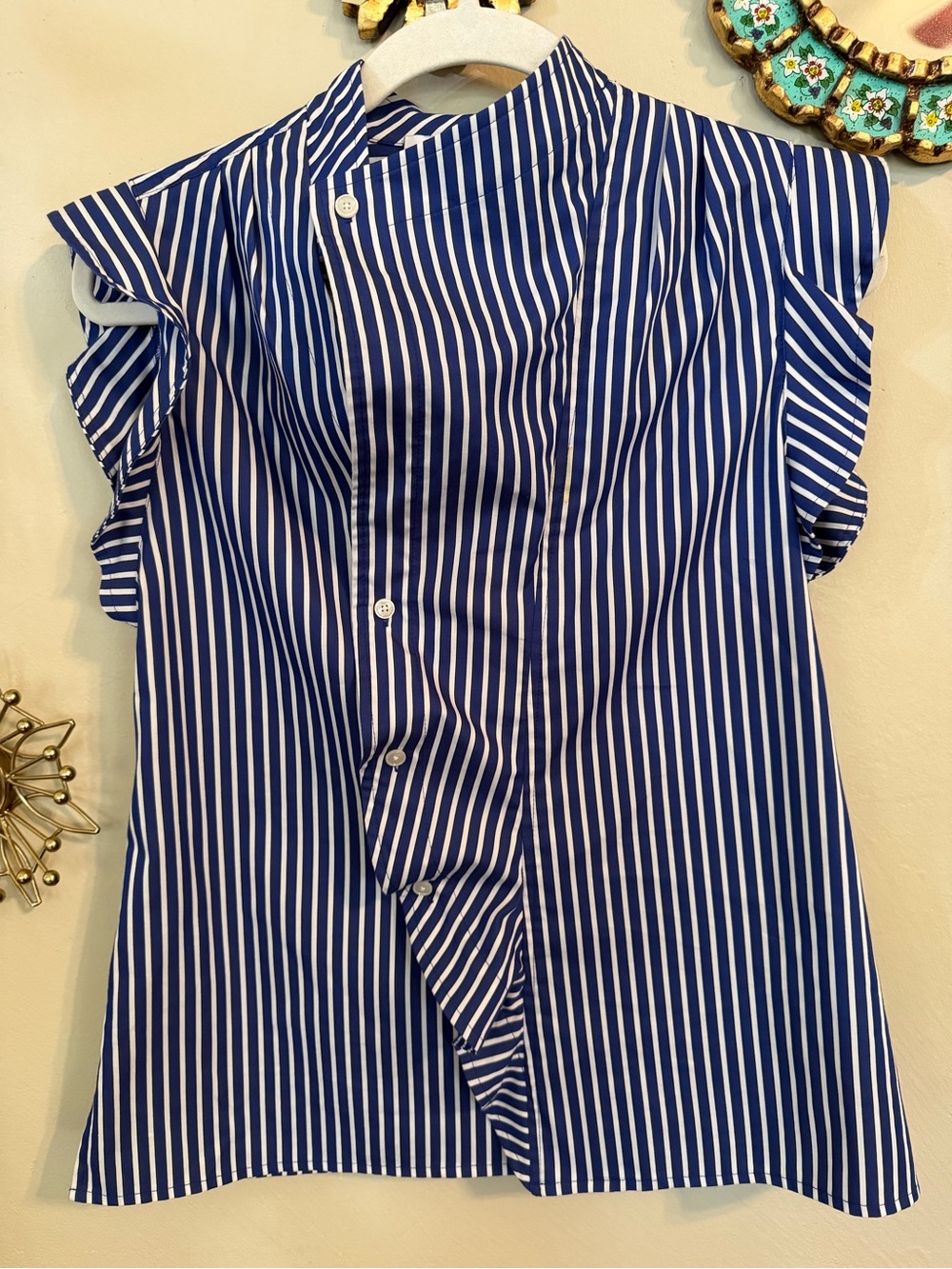 10 Crosby Derek Lam Blue & White Stripe Cap-Sleeve Blouse Ruffle Size 2
